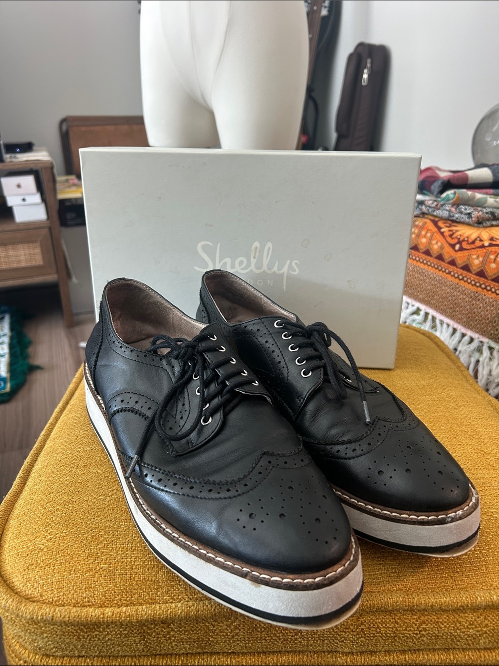 Shellys London Emma Black Leather Wingtip Brogues with White Platform